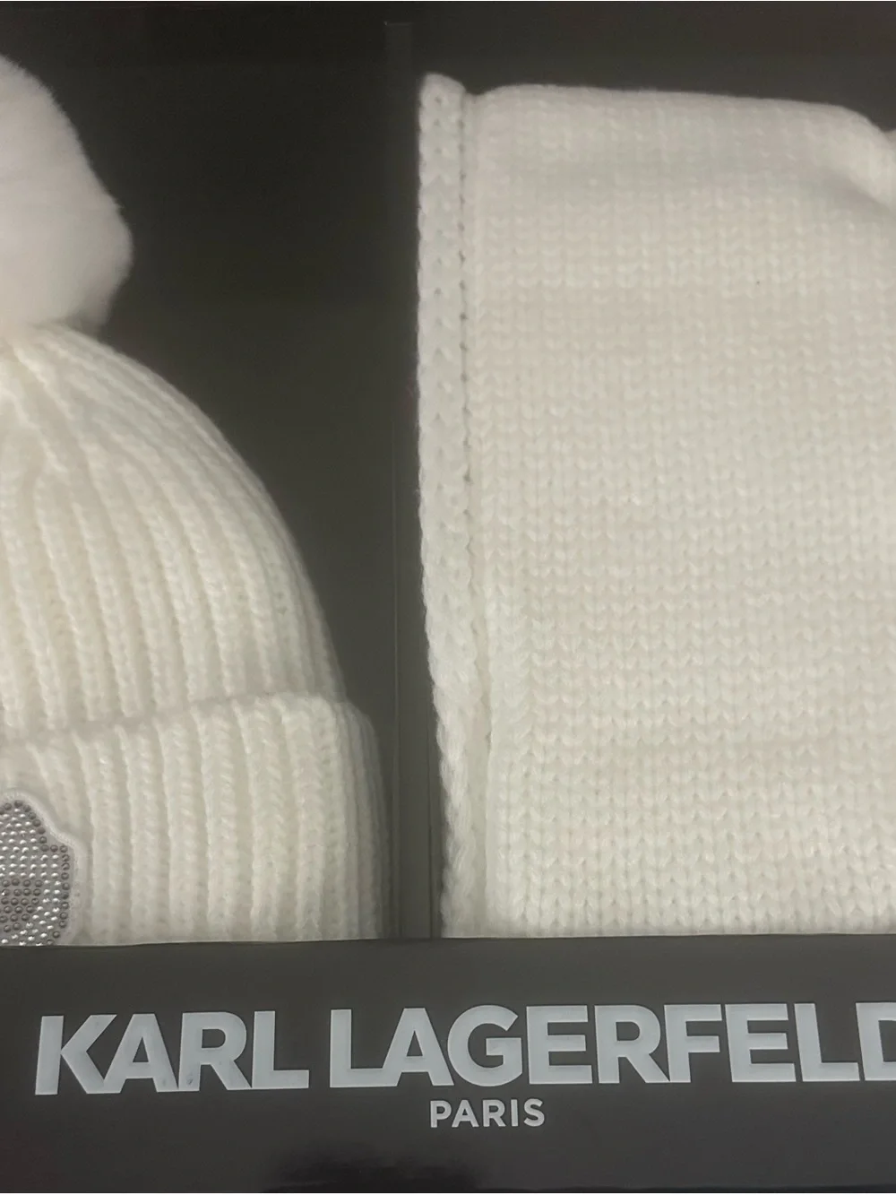 Karl Lagerfeld Cream Knit Pom Hat and Scarf Set